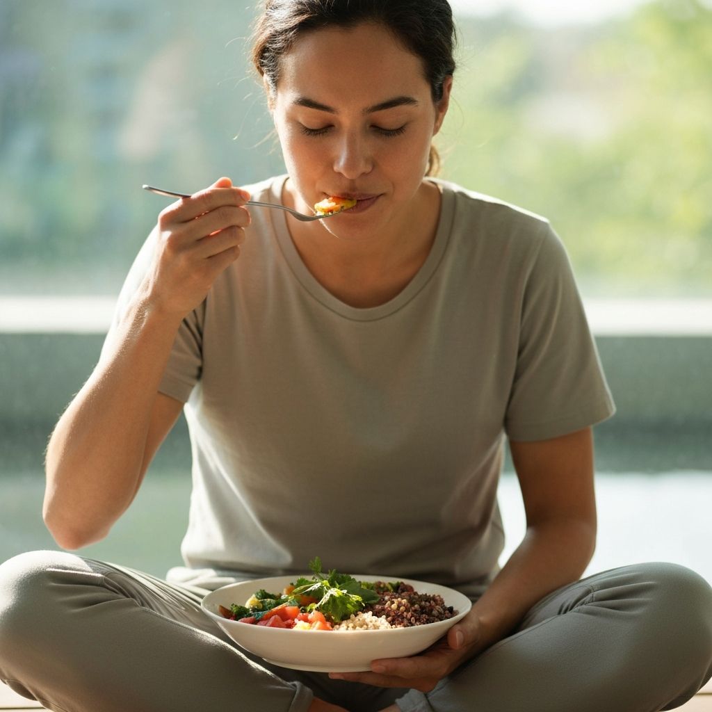 Person enjoying healthy meal mindfully